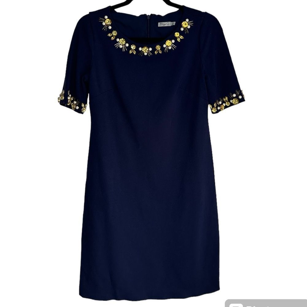 Eliza J size 4P‎ 4 petite navy blue dress jeweled neckline shift rhinestones